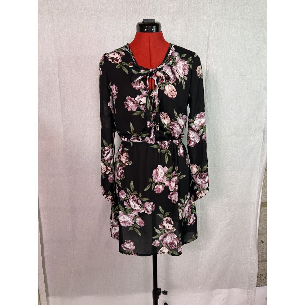 Live 4 Truth Women's Black Floral Long Sleeve Flutter Midi Dress size M D202